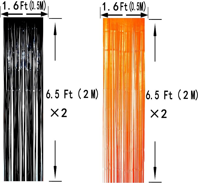 Photo 2 of Black Orange Party Tinsel Foil Fringe Curtains - Halloween Construction 1st Birthday Baby Shower Graduation Wedding Party Streamers Photo Booth Props Backdrops Decorations