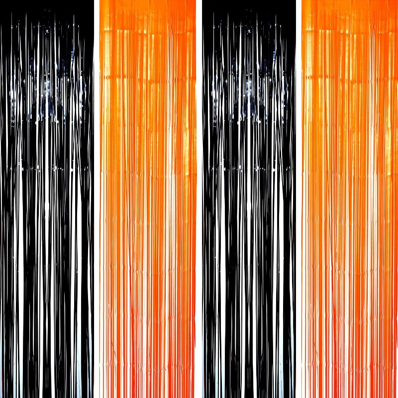 Photo 1 of Black Orange Party Tinsel Foil Fringe Curtains - Halloween Construction 1st Birthday Baby Shower Graduation Wedding Party Streamers Photo Booth Props Backdrops Decorations