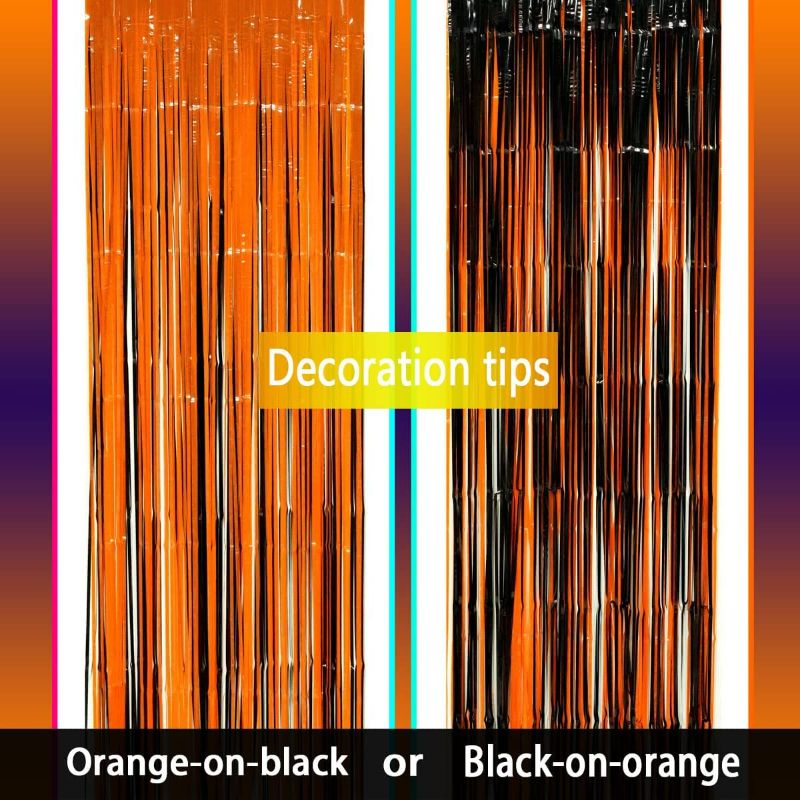 Photo 3 of Black Orange Party Tinsel Foil Fringe Curtains - Halloween Construction 1st Birthday Baby Shower Graduation Wedding Party Streamers Photo Booth Props Backdrops Decorations