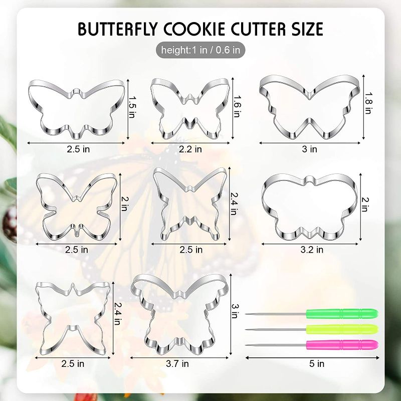 Photo 1 of 8 Pieces Butterfly Cookie Cutter Set Stainless Steel Biscuit Cutter Sandwich Chocolate Fondant Biscuit Cake Mould and 6 Pieces Sugar Stirring Pins for Kitchen Baking