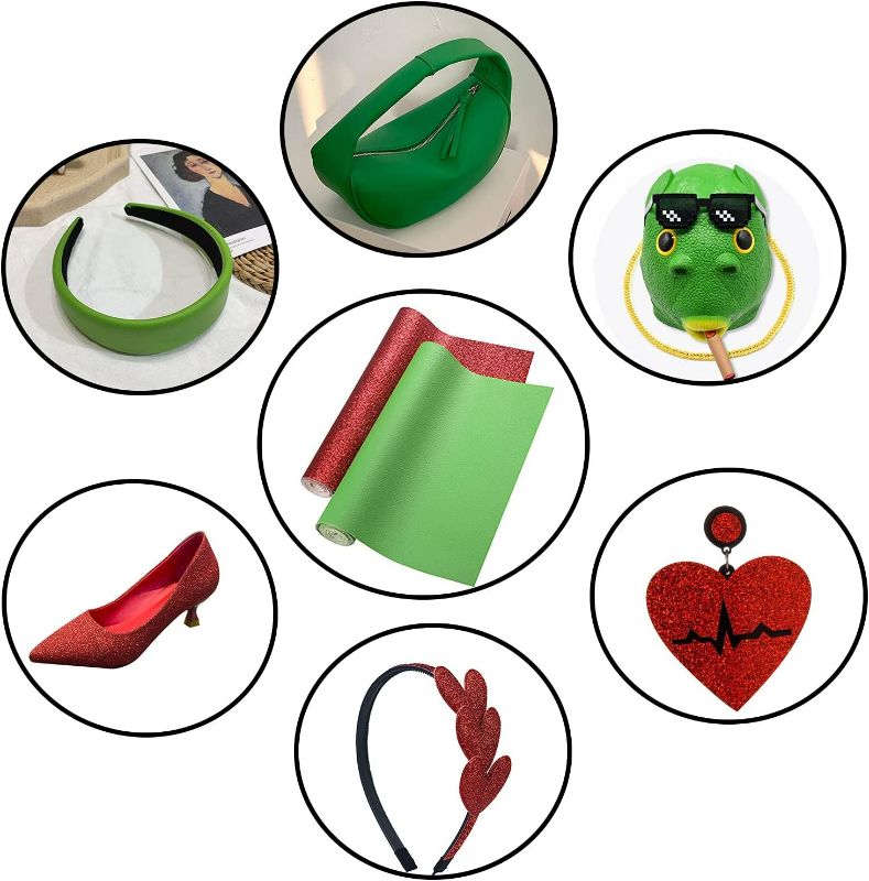 Photo 2 of Picheng Superfine Glitter Faux Leather and Solid Color Faux Leather Sheets Fabric 2Roll 8.2" x 53"(21cmX135cm)Soft PU Synthetic Leather Fabric is Perfect for Earrings,DIY Craft Projects (Red & Green)