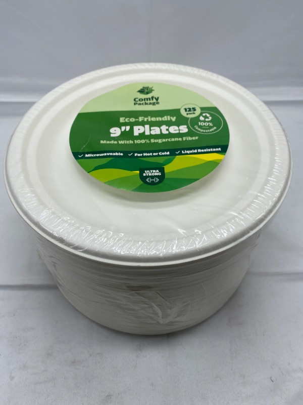 Photo 2 of 100% Compostable 9 Inch Heavy-Duty Paper Plates [125 Pack] Eco-Friendly Disposable Sugarcane Plates 9'' Round 125 Count - White