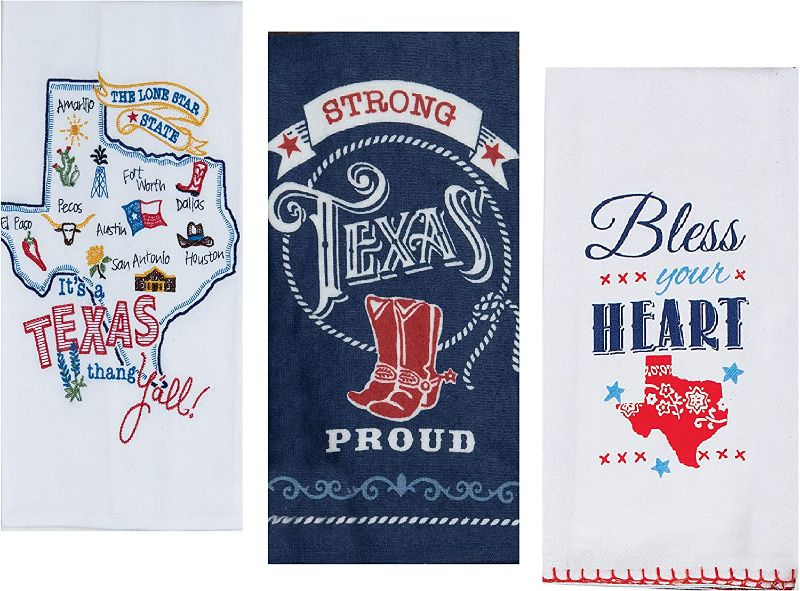 Photo 1 of 3 Texas Themed Decorative Cotton Kitchen Towels Set with White, Blue and Red Print | 2 Flour Sack and 1 Terry Towel for Dish and Hand Drying | By Kay Dee Designs