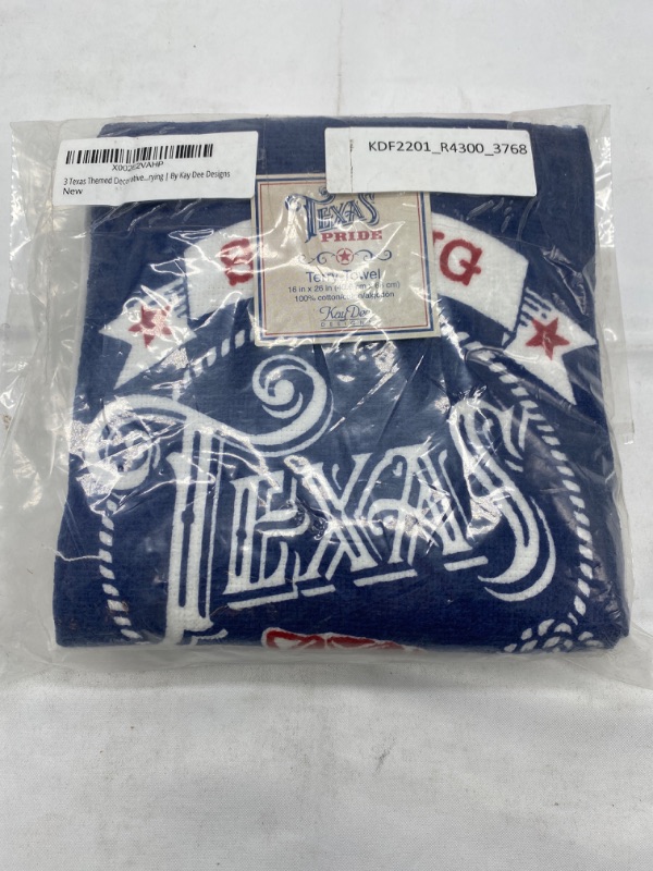 Photo 2 of 3 Texas Themed Decorative Cotton Kitchen Towels Set with White, Blue and Red Print | 2 Flour Sack and 1 Terry Towel for Dish and Hand Drying | By Kay Dee Designs