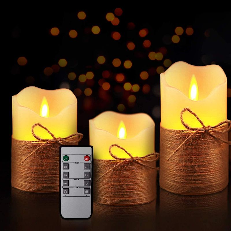 Photo 1 of Yinuo Mirror Flameless Candles, Led Battery Operated Ivory Pillar Candles Real Wax Flickering Moving Wick Electric Candle Sets with Hemp Rope Remote Timers, 4 inch, 5 inch, 6 inch, Pack of 3