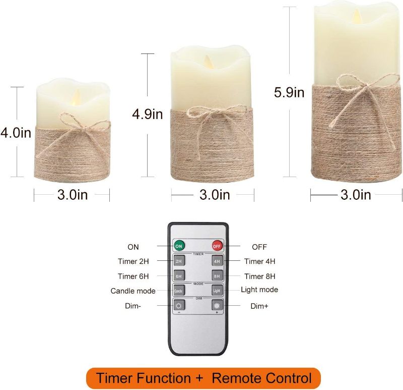 Photo 2 of Yinuo Mirror Flameless Candles, Led Battery Operated Ivory Pillar Candles Real Wax Flickering Moving Wick Electric Candle Sets with Hemp Rope Remote Timers, 4 inch, 5 inch, 6 inch, Pack of 3