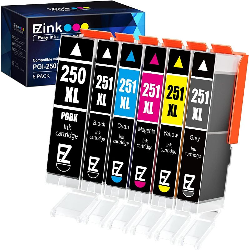 Photo 1 of E-Z Ink (TM) Compatible Ink Cartridge Replacement for Canon PGI-250XL PGI 250 XL CLI-251XL CLI 251 XL to use with Pixma IP8720 (1 Large Black, 1 Cyan, 1 Magenta, 1 Yellow, 1 Small Black,1 Gray) 6 pack