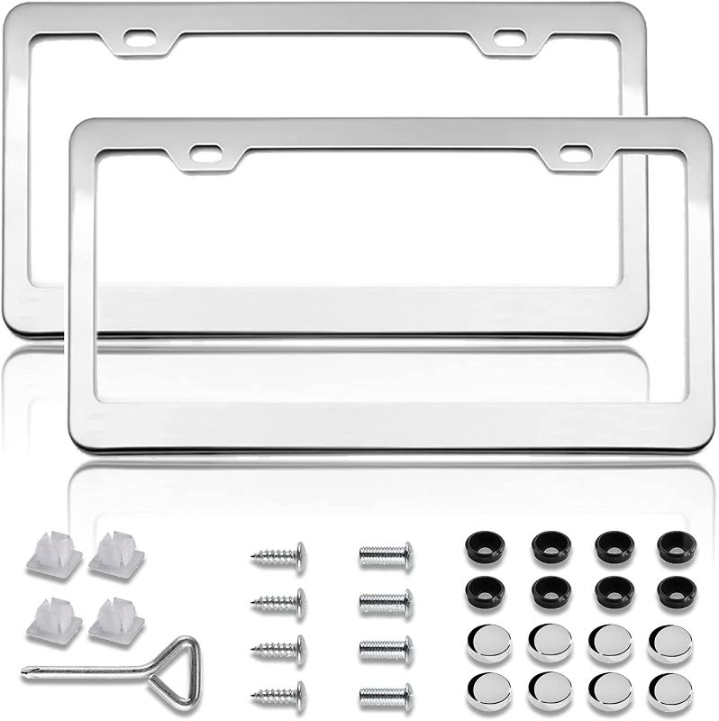 Photo 1 of Mirror Polished Stainless Steel License Plate Frame Metal License Plate Cover License Plate Holder 2 PCS, Gloss Silver License Plate Frames with Chrome Screw Caps & 2 Holes, Rust-Proof