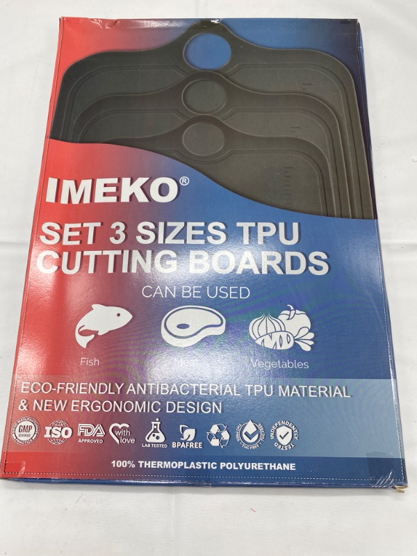Photo 2 of 3 pcs IMEKO TPU Cutting Board, Bpa Free,Knife Friendly,Flexible,Dishwasher Friendly, Space Saving, Ergonomic Design, Chopping Mat- Gray - Size: MINI 11"x 7.8" Wt 5.6 oz, Medium 13.7" x 9.4"- W: 10 oz. Large 15.7" x 11.5" - W : oz.15.90