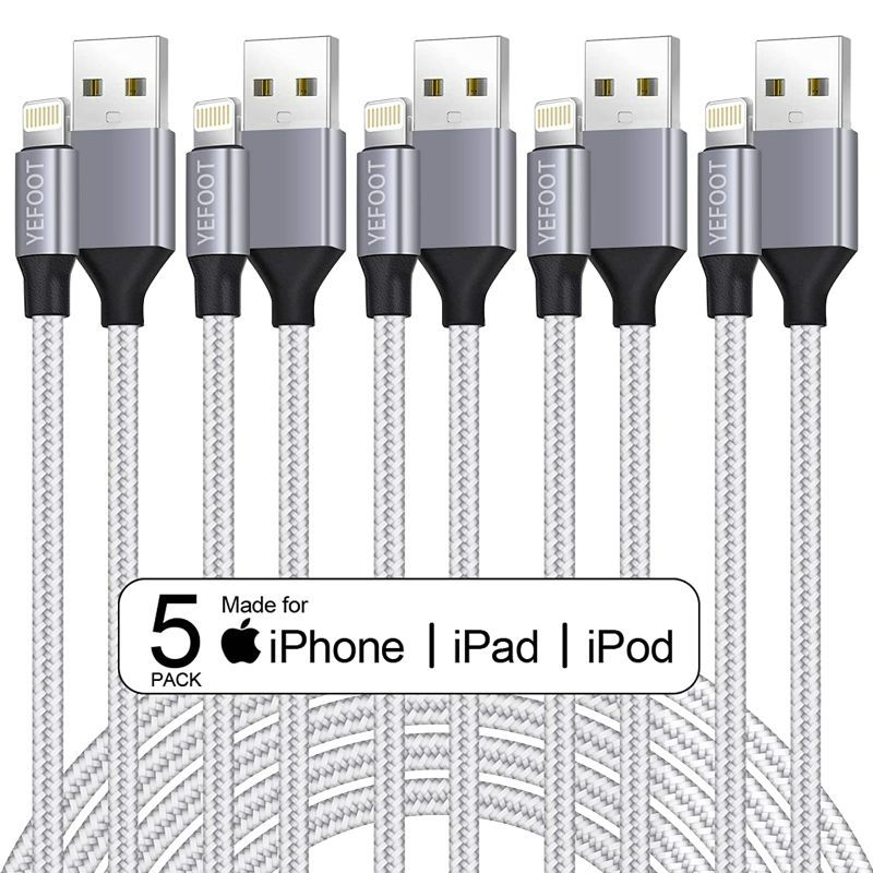 Photo 1 of  [Apple MFi Certified] 5Pack(3/3/6/6/10FT) iPhone Charger Nylon Braided Fast Charging Lightning Cable Compatible iPhone 14Pro/14/13Pro/13/12Pro/12/11and More-Silver&White