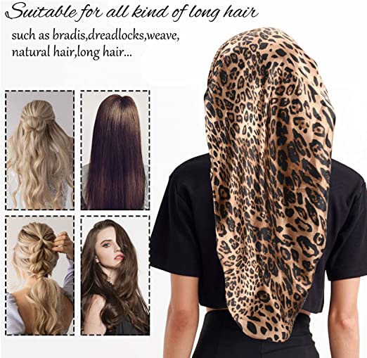 Photo 1 of Satin Bonnet for Women Soft and Elastic Black Leopard Long Hair Cap Large Breathable Silky Hair Bonnet for Sleeping Cap Braids Bonnets for Women