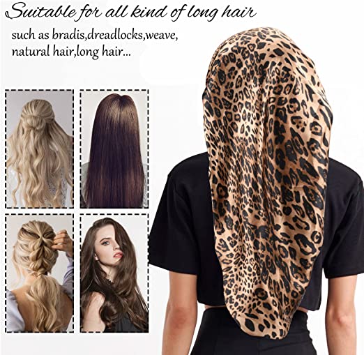 Photo 1 of Satin Bonnet for Women Soft and Elastic Black Leopard Long Hair Cap Large Breathable Silky Hair Bonnet for Sleeping Cap Braids Bonnets for Women