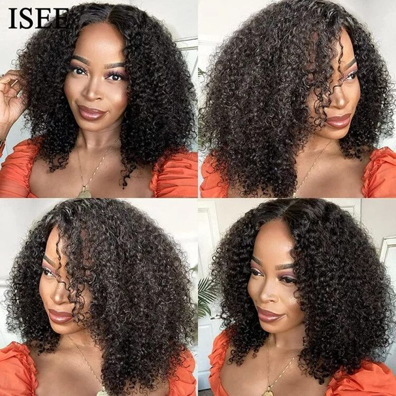 Photo 3 of ISEE Hair U Part Wigs Human Hair Kinky Curly Wigs for Black Women 16 inch 180% Density Half Wig 2x4 U Shape Human Hair Wigs Brazilian Remy Human Hair Extension