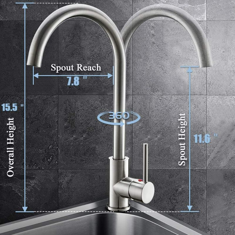Photo 2 of High Arch Kitchen Faucet Brushed Nickel,360 Degree Swivel Spout Kitchen Sink Faucet Hot and Cold Water Mixer, Modern Lead-Free Commercial Bar Sink Faucet fit for 1 Hole Single Handle Faucet Anti-Rust
