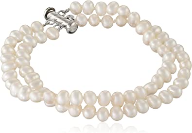 Photo 1 of Sterling Silver 2-Row White Freshwater Cultured A Quality Pearl Bracelet (5-5.6mm), 8"