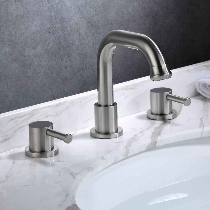 Photo 1 of Bathroom Faucet Brushed Nickel Vessel Sink Faucet with Overflow Pop Up Drain for Bathroom Sink 2 Handles 3 Holes Modern Centerset Vanity Faucet 8 Inches Brass Construction Gudetap GT4230-3N
