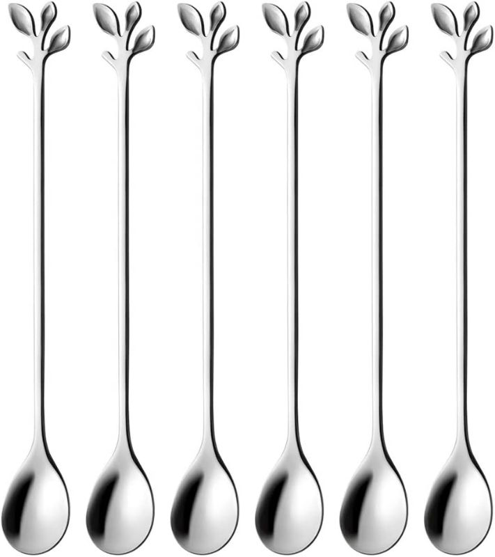 Photo 1 of AnSaw Long Handle 7.4-Inch Leaf Teaspoons set, 6 Pcs Silver Stainless Steel Coffee stirring spoon