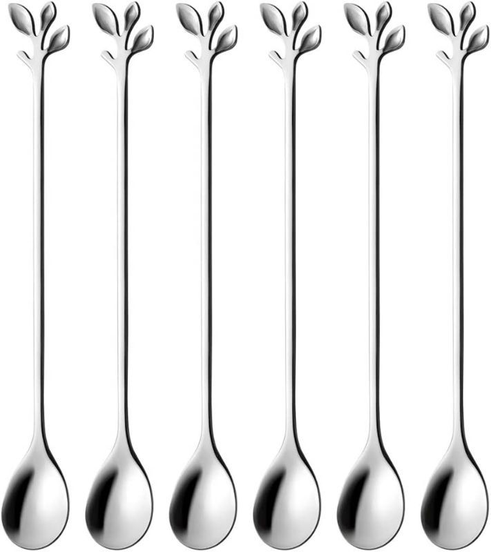 Photo 1 of AnSaw Long Handle 7.4-Inch Leaf Teaspoons set, 6 Pcs Silver Stainless Steel Coffee stirring spoon