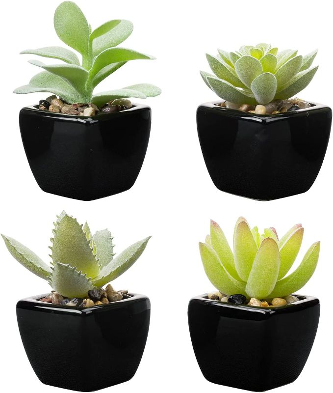 Photo 1 of MyGift Mini Assorted Artificial Succulent Fake Indoor House Plants in Square Black Ceramic Pots, Set of 4