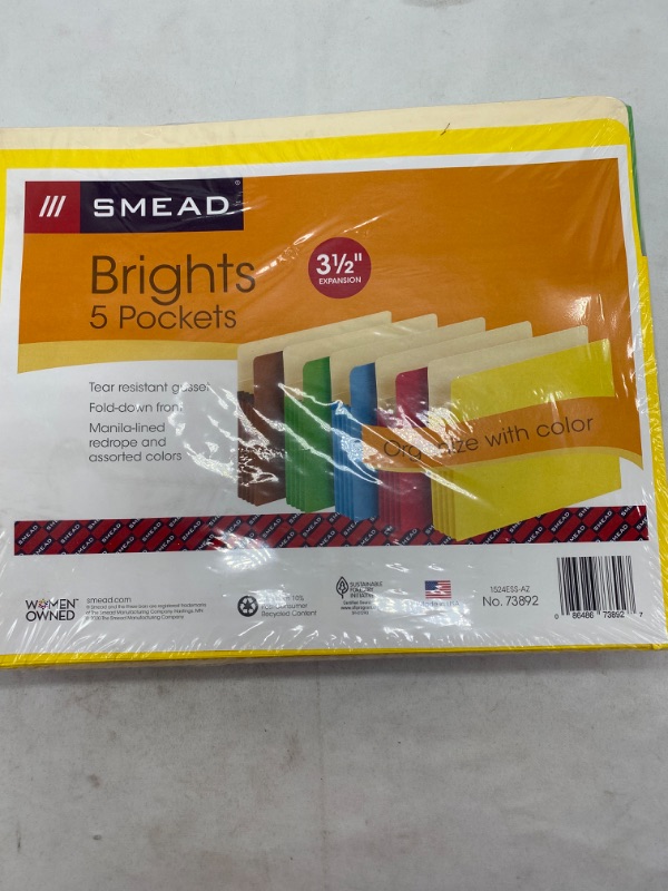 Photo 2 of Smead Top-Tab File Pockets,3-1/2" Exp,11-3/4"x9-1/2",5/PK,Assort. NEW