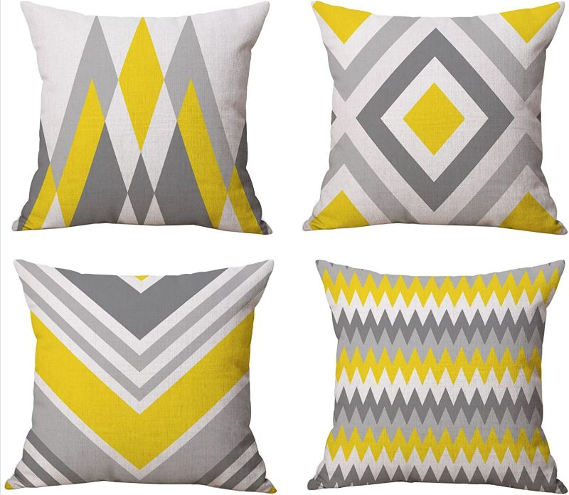 Photo 1 of  Modern Simple Geometric Style Cotton Linen Burlap Square Throw Pillow Covers, M, Set of 4 (Yellow-Gray) NEW 