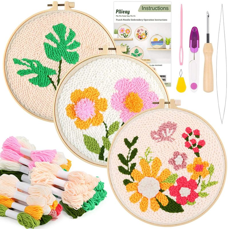 Photo 1 of Pllieay 3 Set Punch Needle Embroidery Starter Kits Include Instruction, Punch Needle Fabric with Pattern, Yarns, Embroidery Hoops for Rug-Punch & Pinch Needle NEW