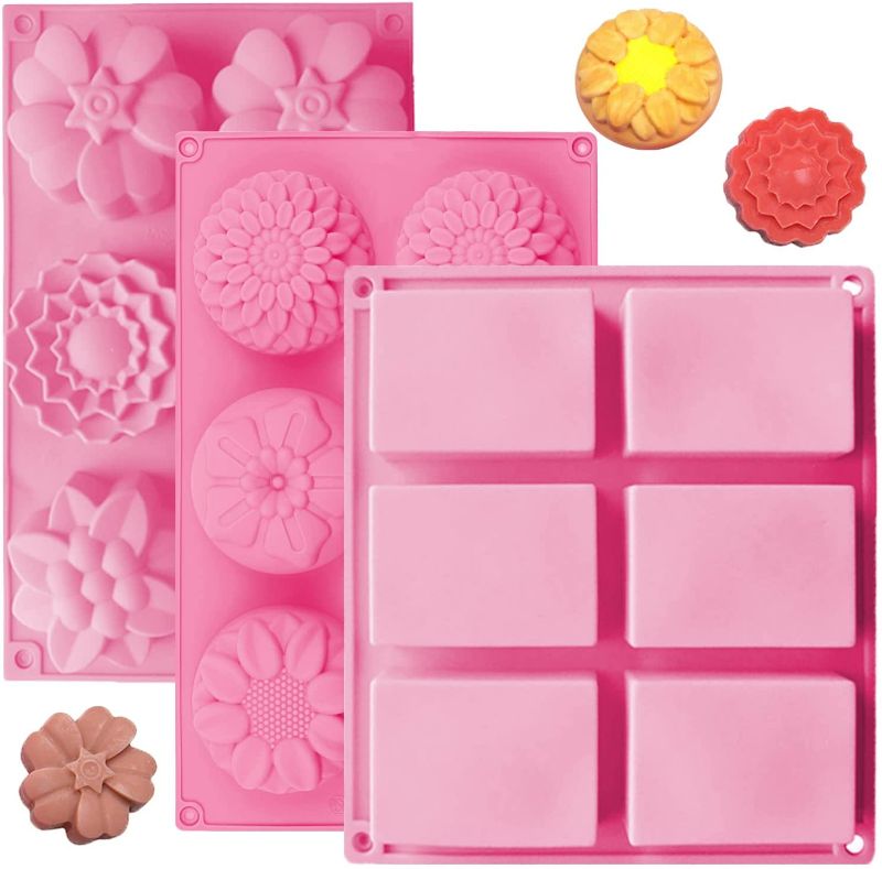 Photo 1 of 3 Pack Silicone Soap Molds,6 Cavities Flowers Soap Mold,Rectangle and Different Flower shapes, Perfect for Soap Making, Handmade Cake Chocolate Biscuit, Pudding (Pink) NEW