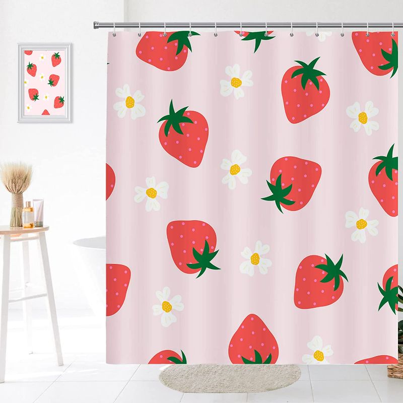 Photo 2 of Strawberry Shower Curtain Pink Modern Simple Home Tub Bathroom Curtain Decoration Set 