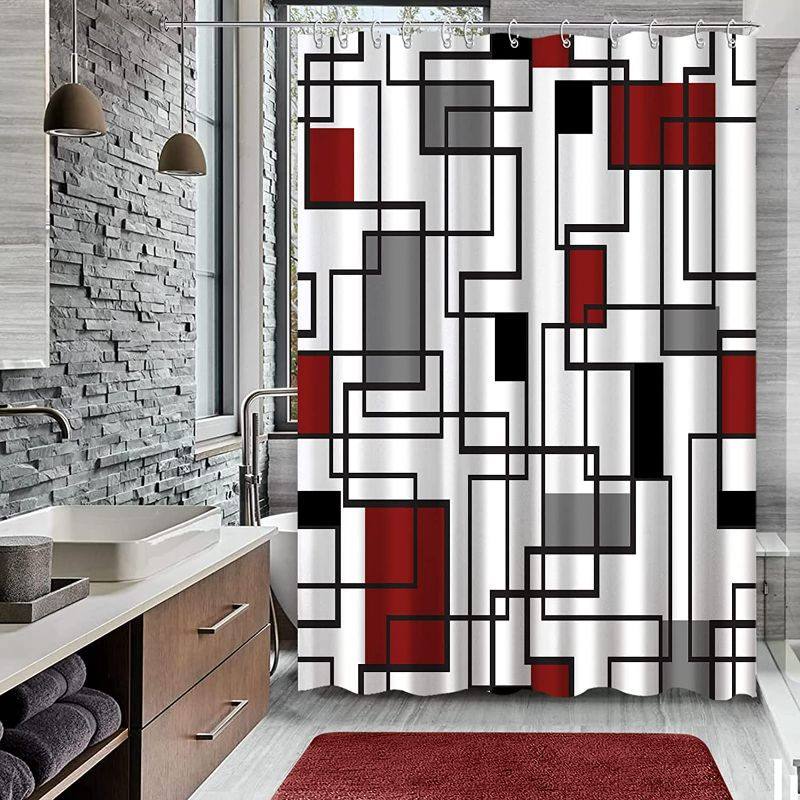 Photo 1 of loyapobo Red and Black Shower Curtain Grey and White Shower Curtains for Bathroom Mid Century Modern Abstract Geometric Shower Curtains Fabric with Hooks, 72" x 72" NEW