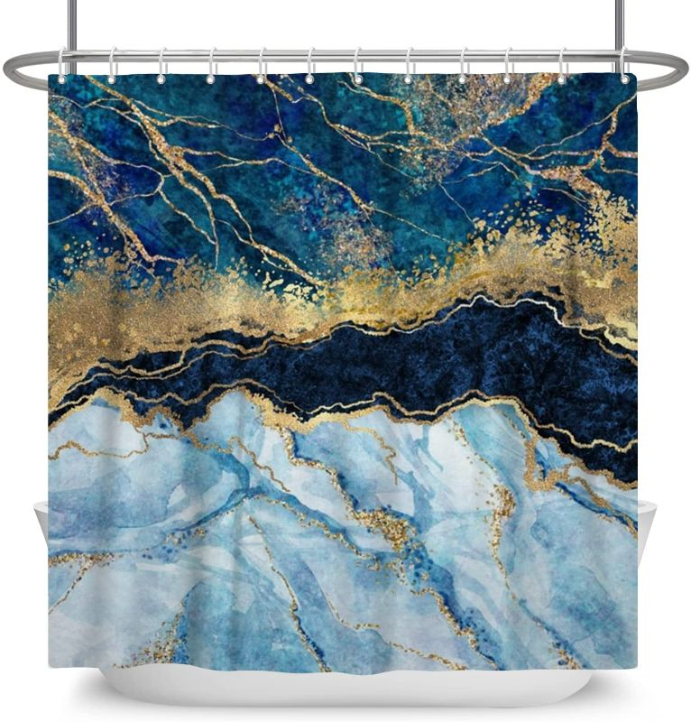 Photo 1 of Abstract Navy Blue Gold Marble Shower Curtains for Bathroom, Luxury Cracked Lines Crystal Geode Shower Curtain Polyester Fabric 72x72 Inch Fashion Dorm Decor with Hooks NEW 
