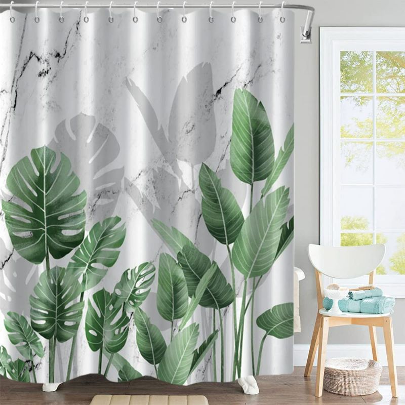 Photo 1 of LFEEY Tropical Shower Curtain, Summer Palm Leaves Marble Shower Curtain Set for Bathroom Waterproof Fbric Green Botanical Plant Farmhouse Bathroom Decor with Hooks, NEW