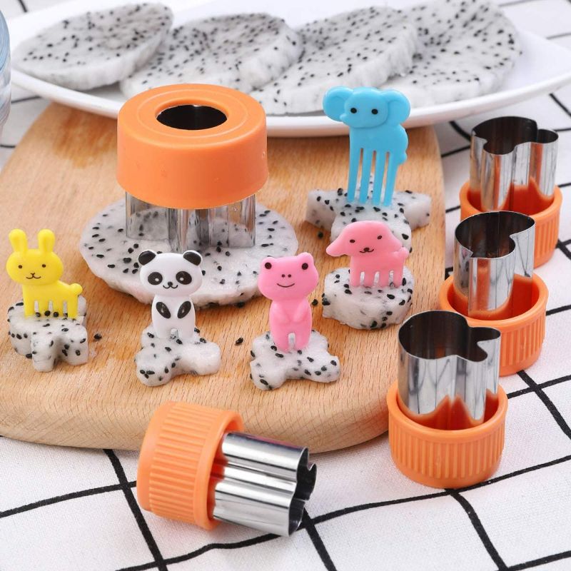 Photo 2 of Vegetable Cutters Shapes Set, 20pcs Stainless Steel Mini Cookie Cutters, Vegetable Cutter and Fruit Stamps Mold + 20pcs Cute Cartoon Animals Food Picks and Forks -for Kids Baking and Food Supplement New