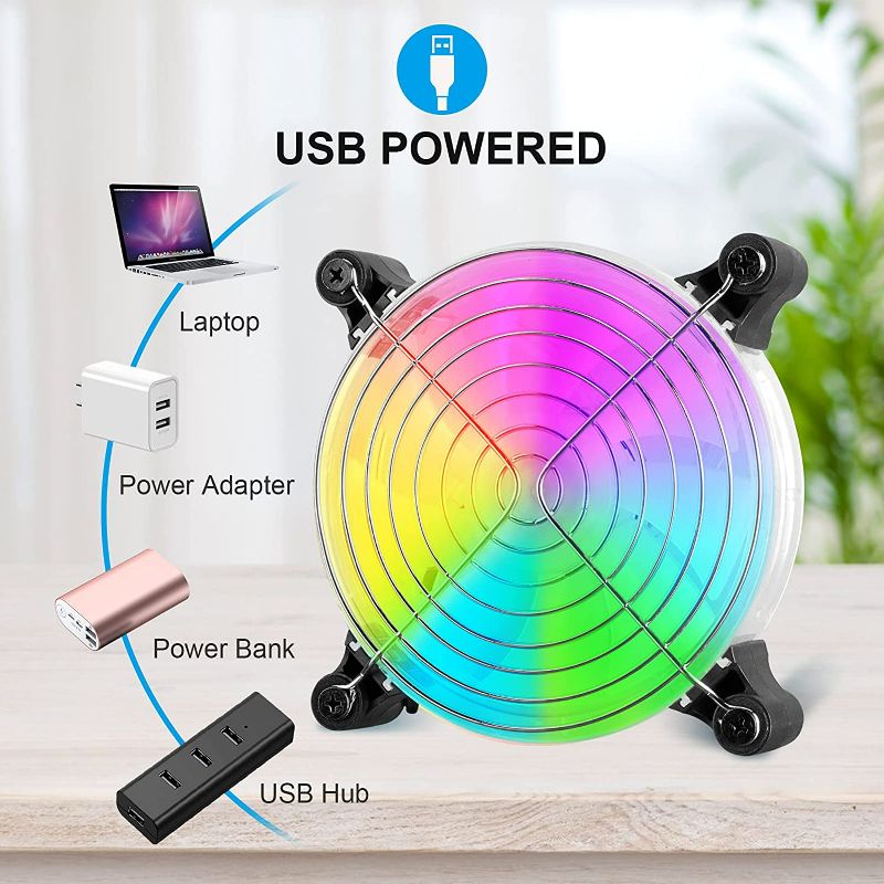 Photo 2 of USB Computer Cooling Fan 5v 120mm Small Transparent Quiet led RGB Color Desktop Cooling Fan Portable for Computer Laptop TV Receiver Xbox Playstation Modern Home Office and More NEW