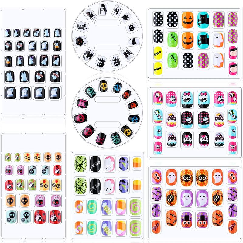 Photo 1 of 152 Pieces Halloween Kids False Nails Press on Artificial Nail with Skull Spider Pumpkin Bat Pattern Full Cover Short Fake Fingernails for Girls Boys Children Nail Design Supplies, 8 Boxes NEW