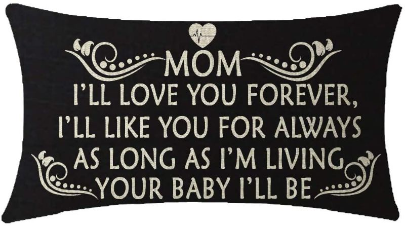 Photo 1 of (2 Pack) Birthday Gift to Mother Mom Mum I Will Love You Forever Lumbar Black Cotton Burlap Linen Cushion Cover Pillow Case Cover Chair Couch Decorative Oblong 12x20 Inches NEW