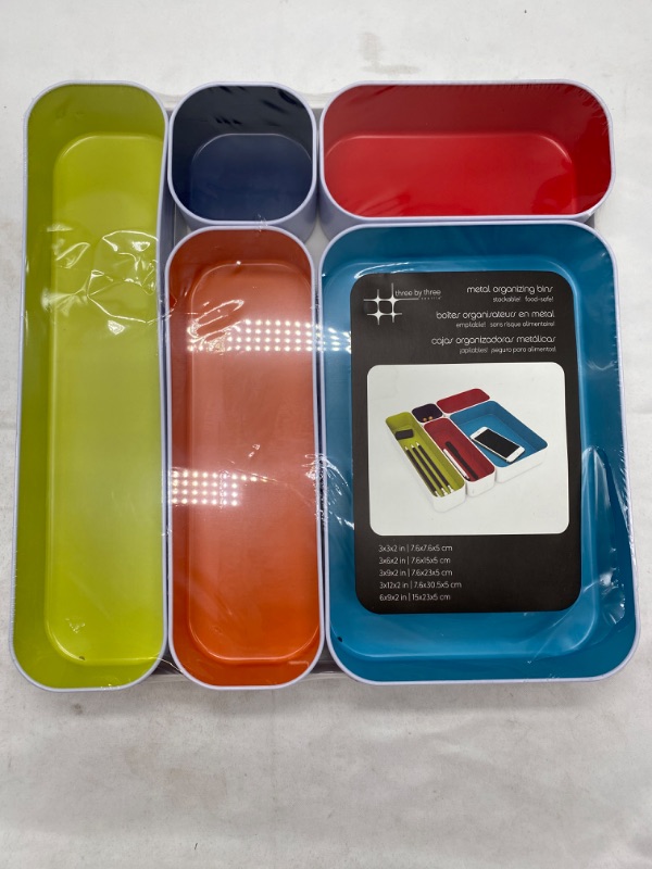 Photo 2 of Three by Three Seattle 5 Piece Metal Organizer Tray Set for Storing Makeup, Stationary, Utensils, and More in Office Desk, Kitchen and Bathroom Drawers (2 Inch, Assorted Colors) NEW