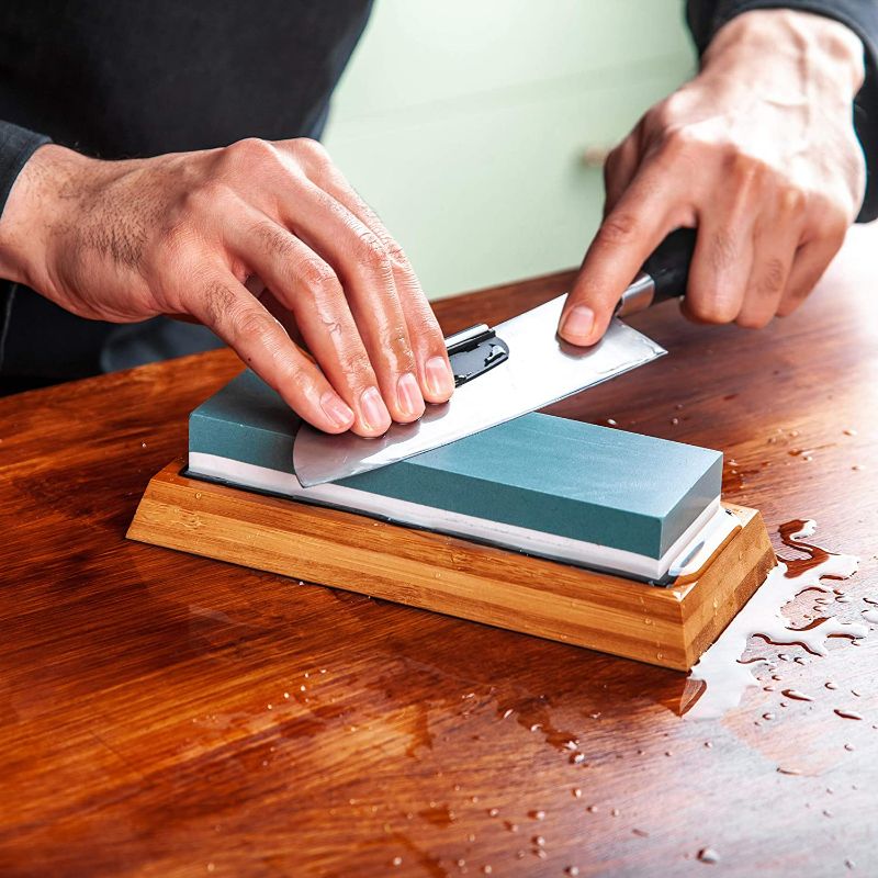 Photo 1 of Knife Sharpening Stone Set Whetstone Kit 4 Grit 400/1000 3000/8000 Sharpening and Honing Waterstone Wet Stone Sharpener for Chefs Kitchen Knives Anti-slip Bamboo Base and Flattening Stone NEW
