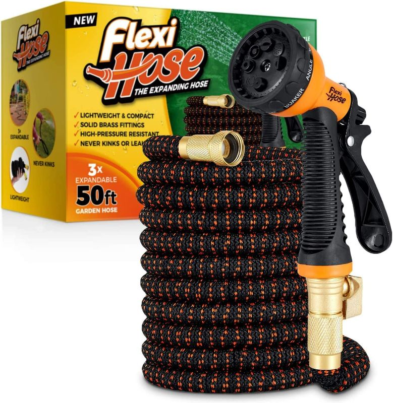 Photo 1 of Hose, Lightweight & No-Kink Flexible Garden Hose, 3/4 inch Solid Brass Fittings and Double Latex Core, 50 ft Orange & Black NEW
