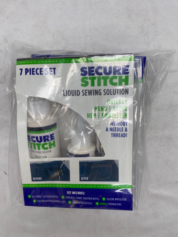 Photo 2 of 2 Pack Secure Stitch Liquid Sewing Solution Kit! Fabric Glue That Quickly Mends, Alters, Hems & Embellishes Without a Needle and Thread! Includes: 4oz.Fabric Solution & 2oz All Fabric Solution New
