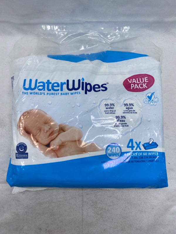 Photo 2 of WaterWipes Plastic-Free Original Baby Wipes, 99.9% Water Based Wipes, Unscented & Hypoallergenic for Sensitive Skin, 240 Count (4 packs), Packaging May Vary NEW