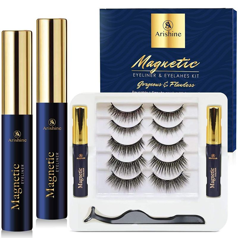 Photo 1 of 5 Pairs Reusable Magnetic Eyelashes and 2 Tubes of Magnetic Eyeliner Kit, Upgraded 3D Magnetic Eyelashes Kit With Tweezers Inside, Magnetic Eyeliner and Magnetic Eyelash Kit - No Glue Needed NEW 