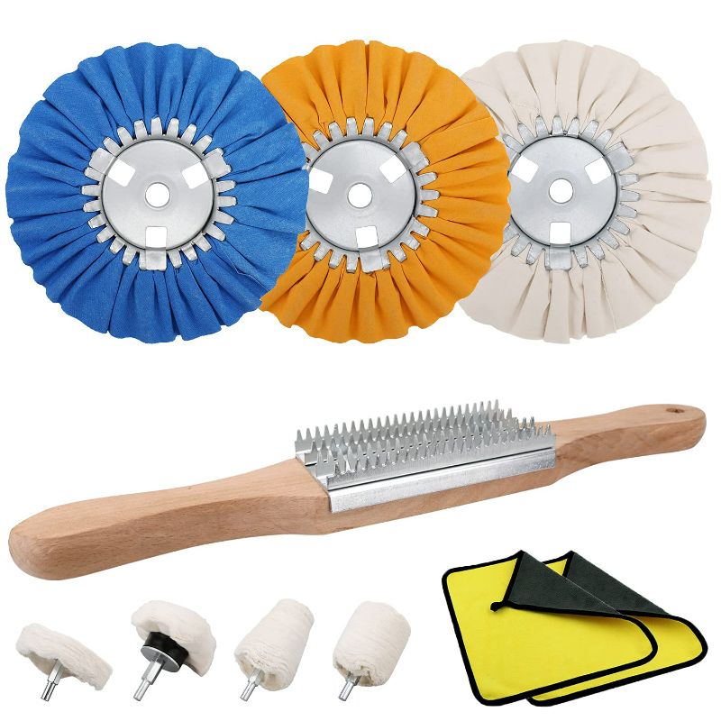 Photo 1 of KingTool Airway Buffing Wheel Kit - 3PCS 8" Airway Buffing Wheels for Angle Grinder (White/Orange/Blue, 5/8" Arbor Hole, 16 Ply), 4PCS NEW