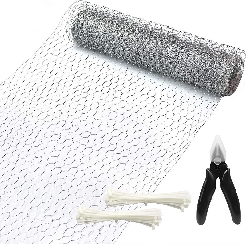 Photo 1 of BSTWM Chicken Wire Net 16.9in x 50ft for Crafts and Gardening, Galvanized Hexagonal Wire Mesh with Mini Cutting Pliers and Wire Ties (50ft) NEW