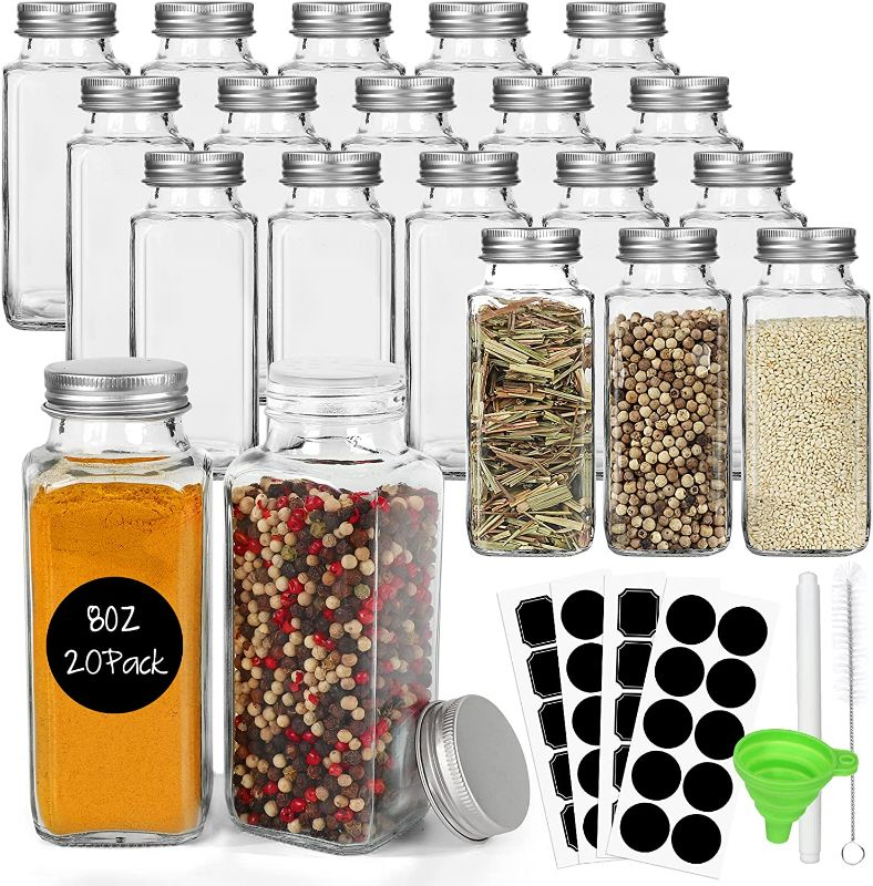 Photo 1 of CycleMore 15 Pack 8oz Glass Spice Jars Bottles, Square Spice Containers with Silver Metal Caps and Pour/Sift Shaker Lid-40pcs Black Labels,1pcs Collapsible Funnel,1pcs Brush and 1pcs Pen Included NEW