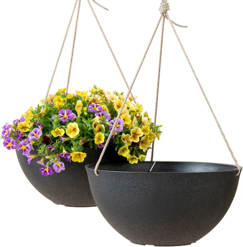 Photo 1 of LA JOLIE MUSE Large Hanging Planters for Outdoor Indoor Plants, Black Hanging Flower Pots with Drain Holes ( Set of 2)NEW 