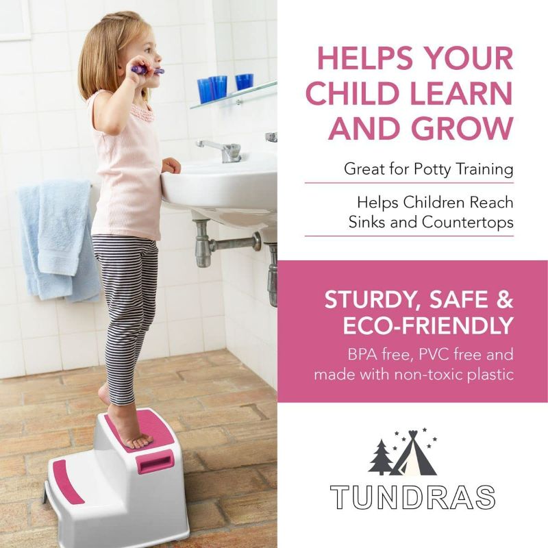 Photo 2 of Extra Sturdy Two Step Kids Step Stools Pink - Child, Toddler Safety Steps for Bathroom, Kitchen and Toilet Potty Training - Non Slip Feet, Textured Friction Grip, Carrying Handle, Stackable NEW