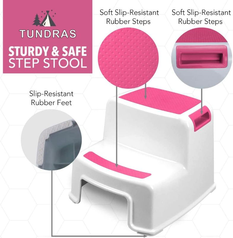 Photo 1 of Extra Sturdy Two Step Kids Step Stools Pink - Child, Toddler Safety Steps for Bathroom, Kitchen and Toilet Potty Training - Non Slip Feet, Textured Friction Grip, Carrying Handle, Stackable NEW
