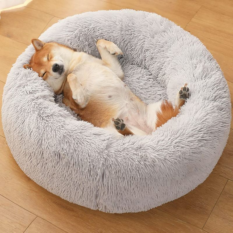 Photo 1 of Uozzi Bedding Plush Faux Fur Round Pet Dog Bed 27"x27", Comfortable Fuzzy Donut Cuddler Cushion for Dogs & Lagre Cats, Soft Shaggy and Warm for Winter Gray NEW 