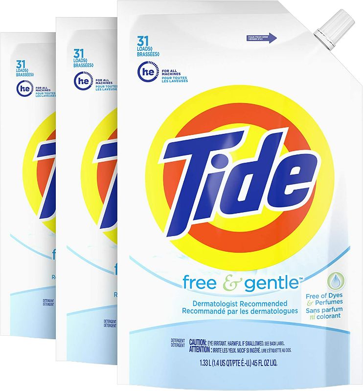 Photo 1 of Tide Free & Gentle Laundry Detergent Liquid Soap, 93 Loads (New Concentrated), 45 Fl Oz (Pack of 3) NEW 