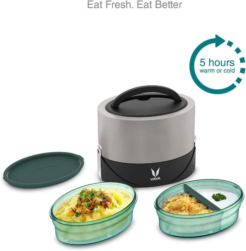 Photo 3 of VAYA TYFFYN Flex 600 ml - Premium Vacuum Insulated Stainless Steel Tiffin Box with Microwave Safe BPA-Free Plastic Lunch Bowls | for Office or School | for Men Women or Kids | 2 Containers | Silver  NEW